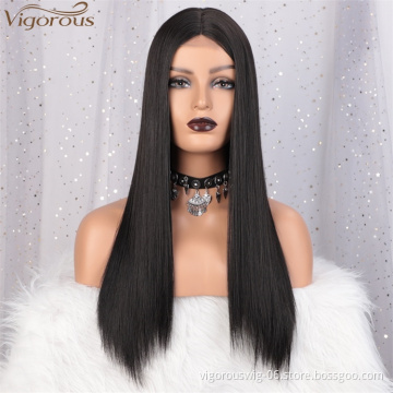 Vigorous High Temperature Top Quality  Long Silky Straight Black Wigs Middle Part Lace Wigs For White Women Wholesale